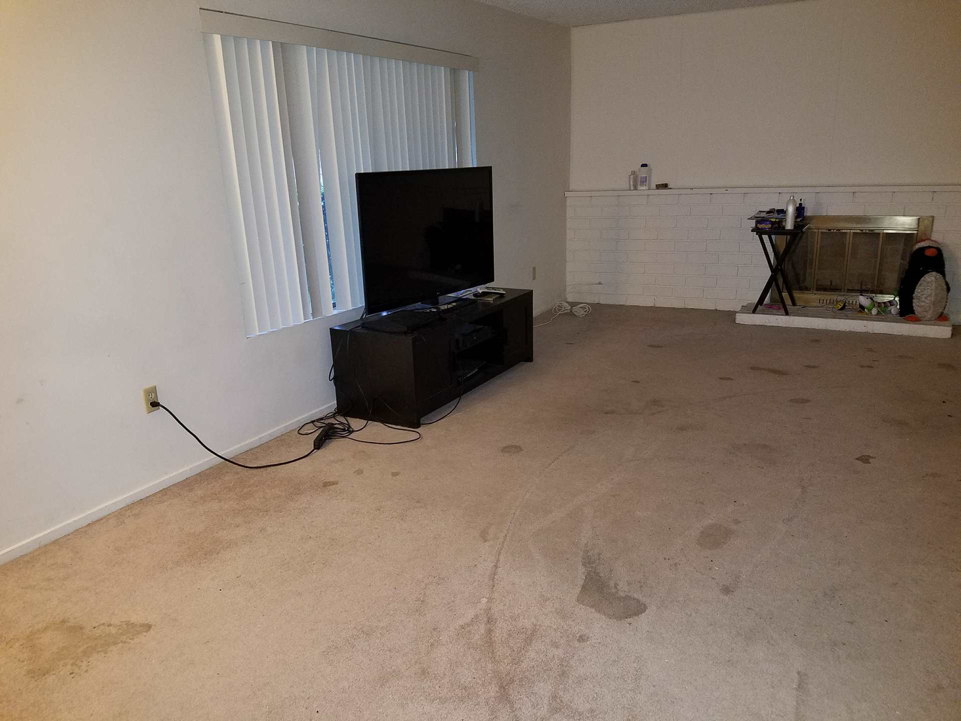 Empty living room with TV and fireplace