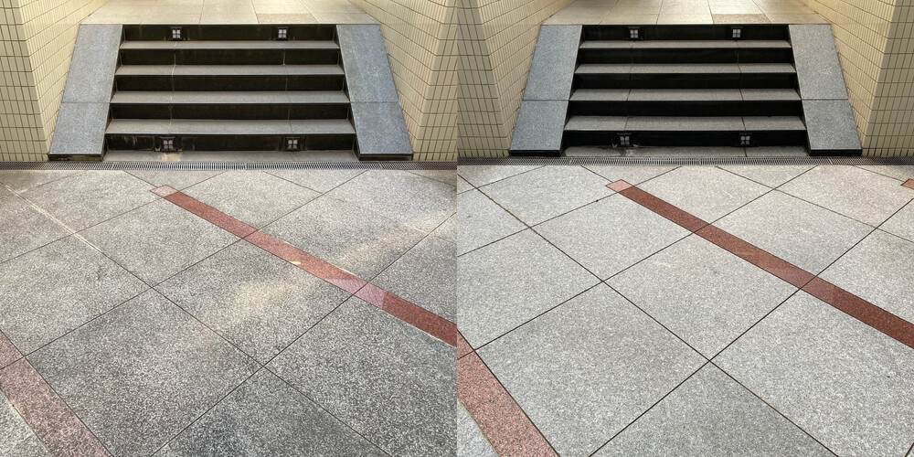shutterstock_1889960776 (1) Before and after comparison of an old outdoor natural granite floor that has been cleaned.