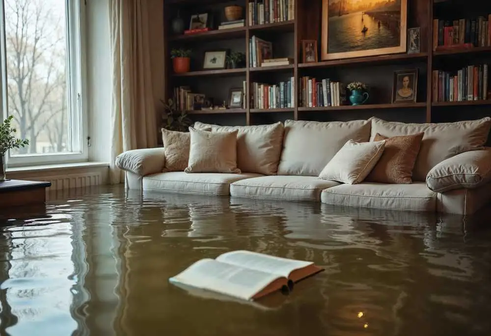 Flooded living room with floating book.