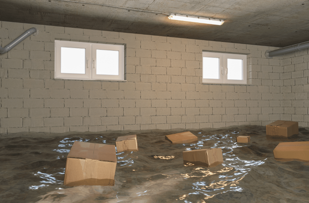 Flooded basement with floating cardboard boxes.