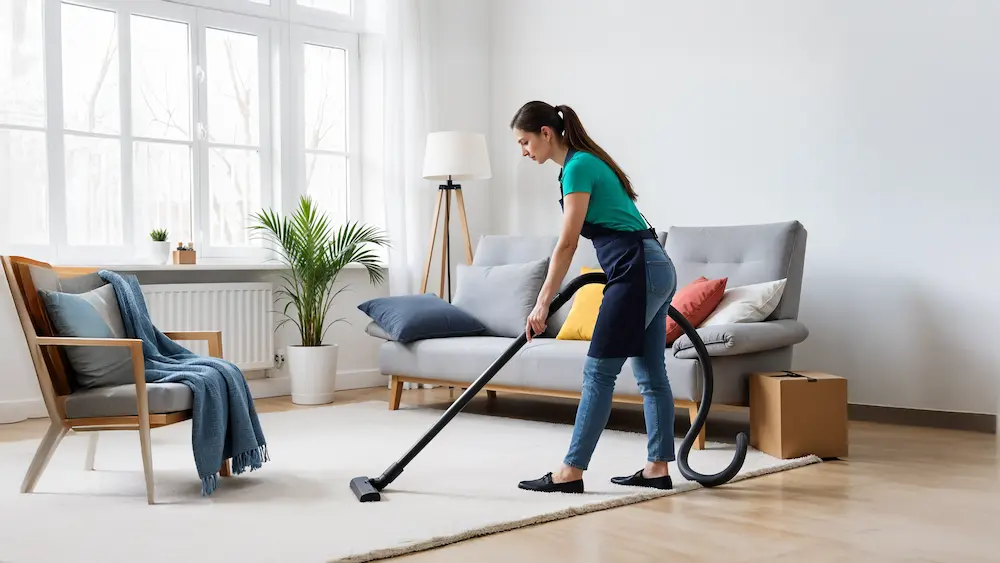 Person vacuuming living room with modern decor.
