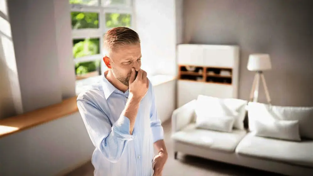 Man pinching nose in bright living room.