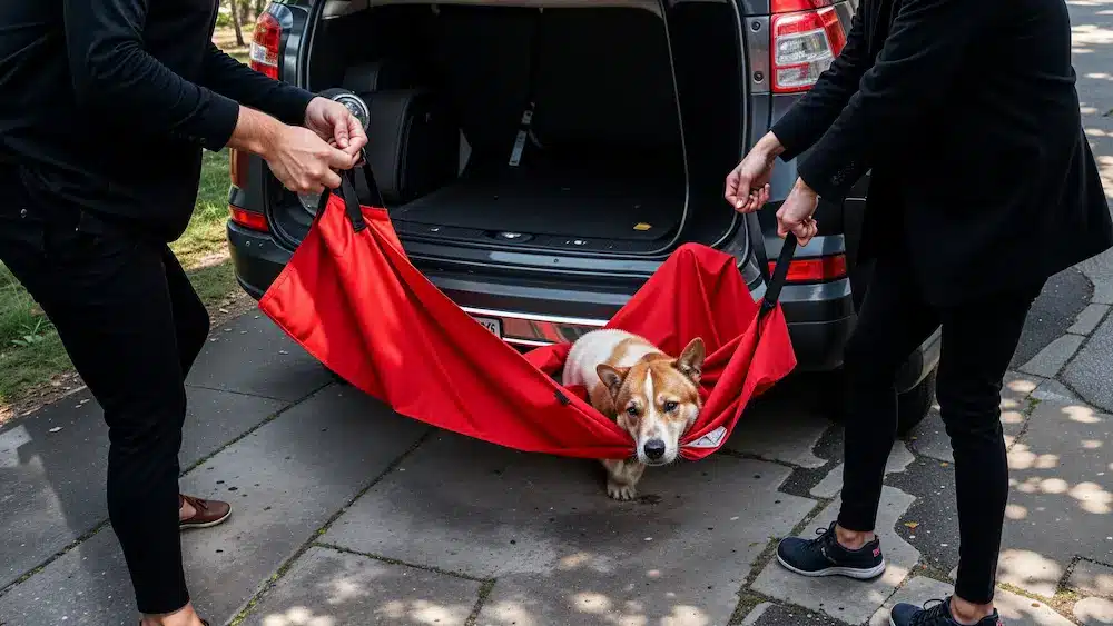 Dog being lifted into car with red sling.