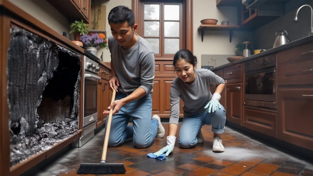 Couple cleaning kitchen after fire damage