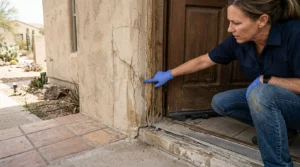 5️⃣ Stucco Hairline Cracks, Door Sweeps, and Threshold Gaps Where Summer Rain Starts Getting Inside