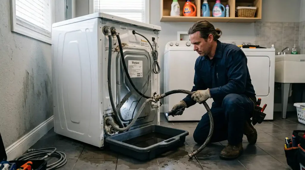 7️⃣ Laundry Room Water Losses in Hot Weather Hoses, Shutoffs, and Drain Pans That Need a Second Look