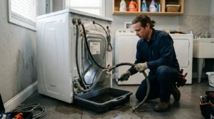 7️⃣ Laundry Room Water Losses in Hot Weather Hoses, Shutoffs, and Drain Pans That Need a Second Look
